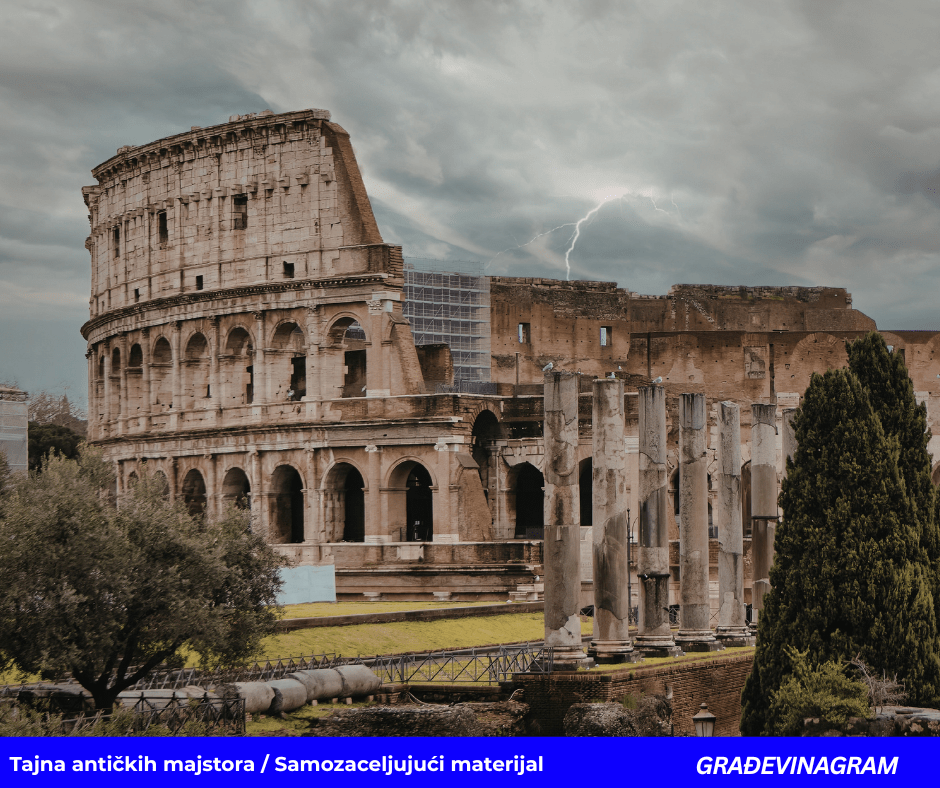 Ancient stone Colosseum against a stormy sky with lightning. Foreground features trees and ruins. The scene conveys a dramatic, historic atmosphere.