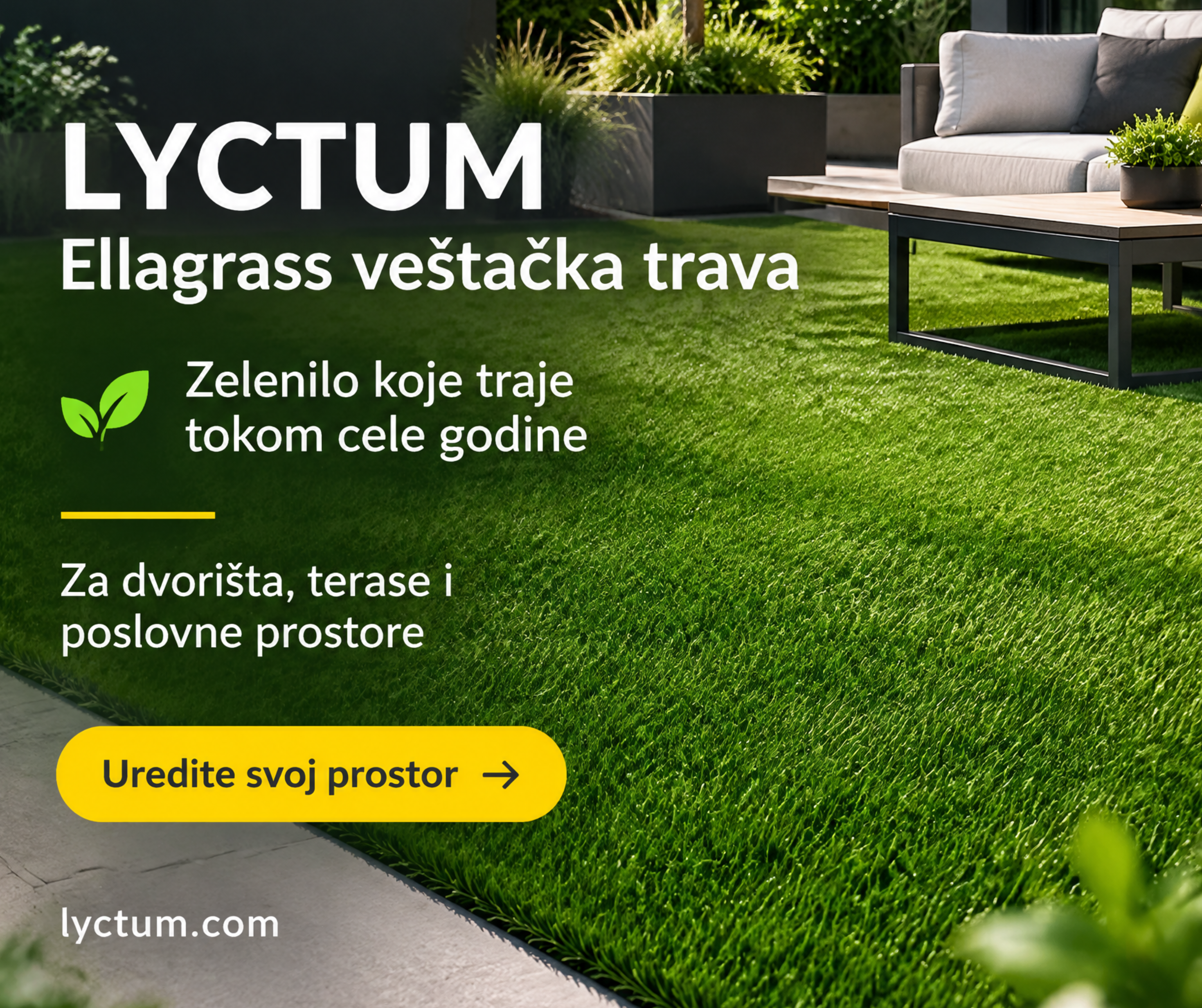 Ellagrass veštačka trava u dvorištu pored moderne terase i baštenskog nameštaja