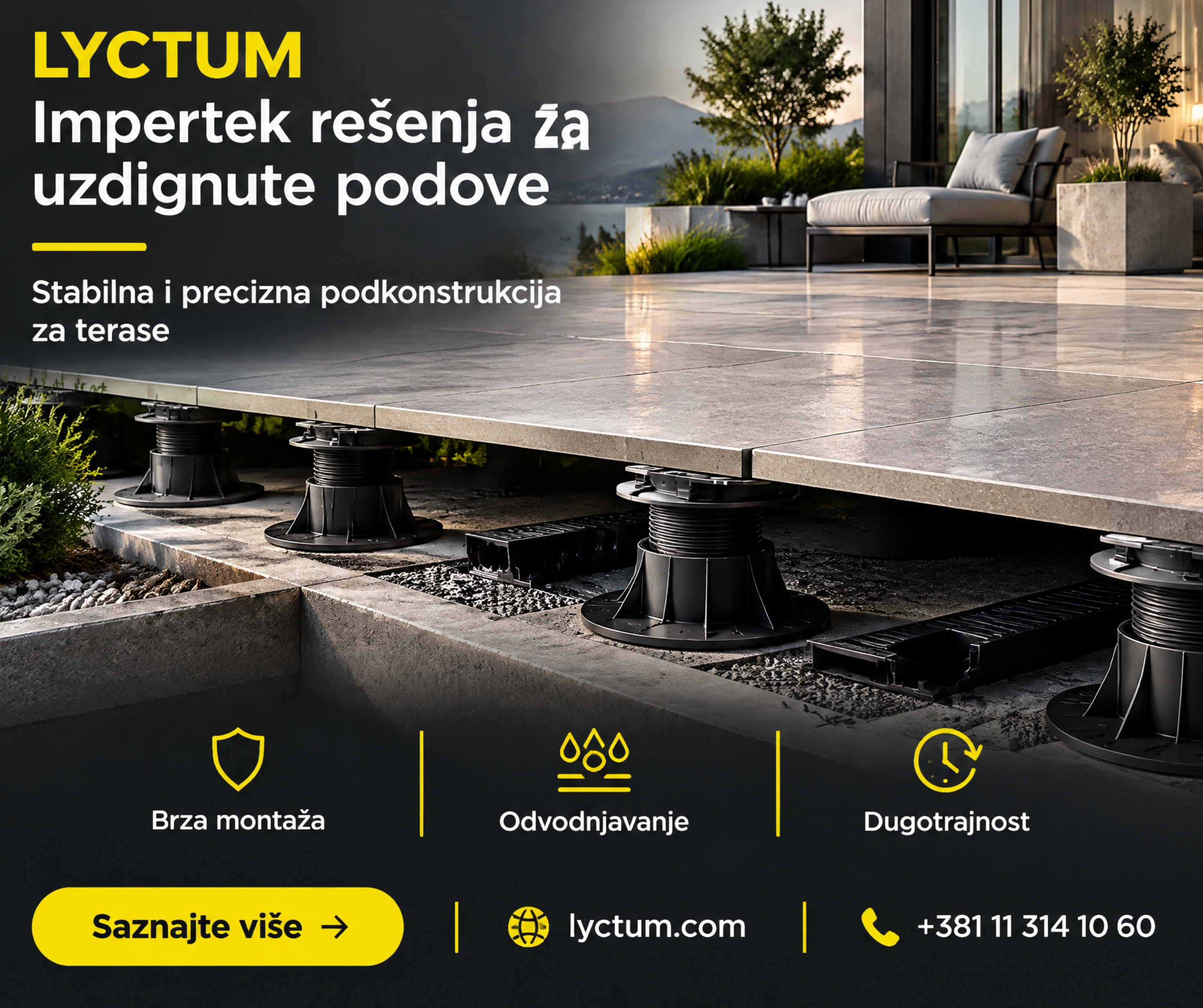 Impertek podesivi nivelatori i podkonstrukcija za uzdignute podove na terasi sa pločicama