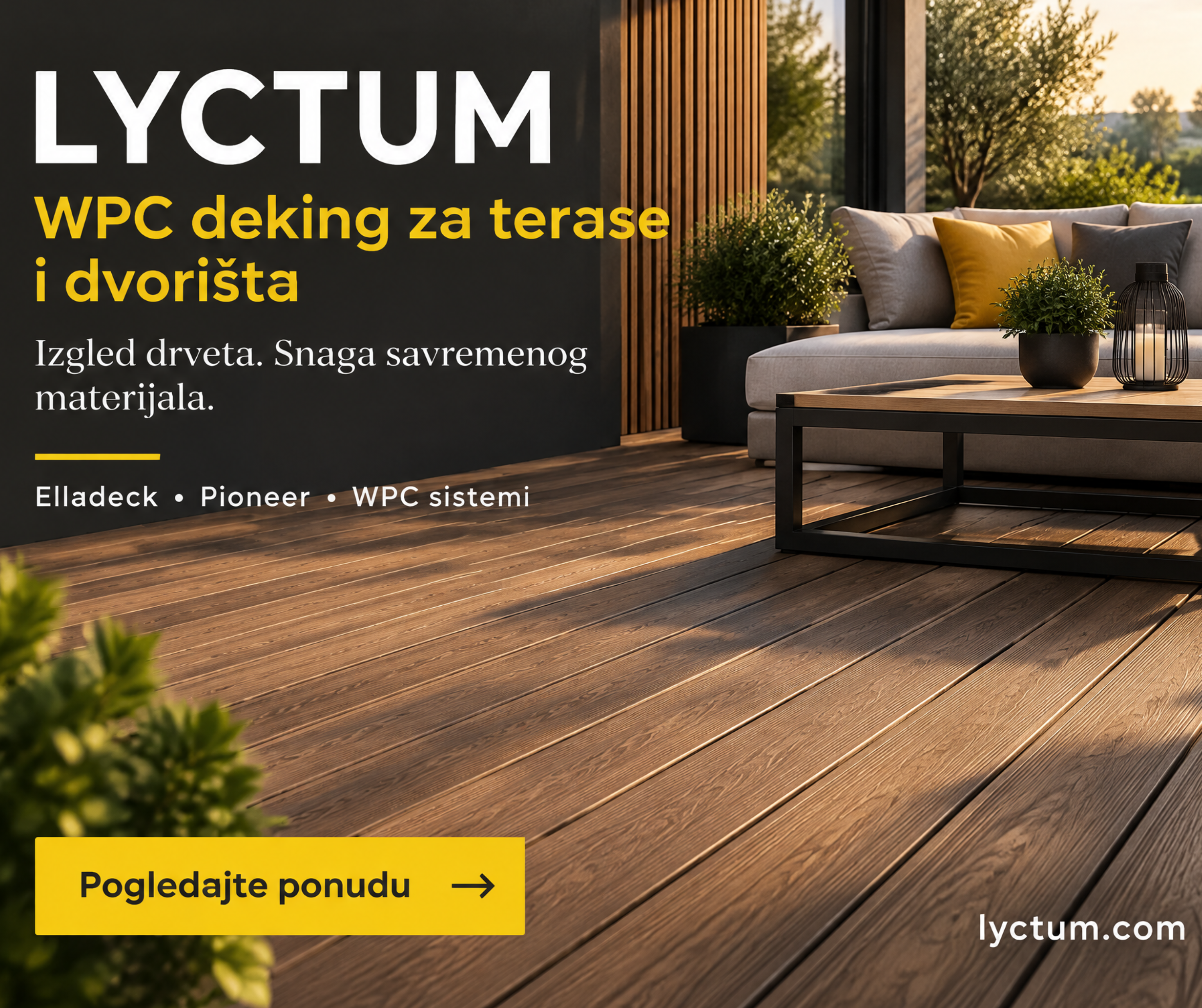 Postavljen WPC deking na terasi sa izgledom prirodnog drveta i baštenskim nameštajem