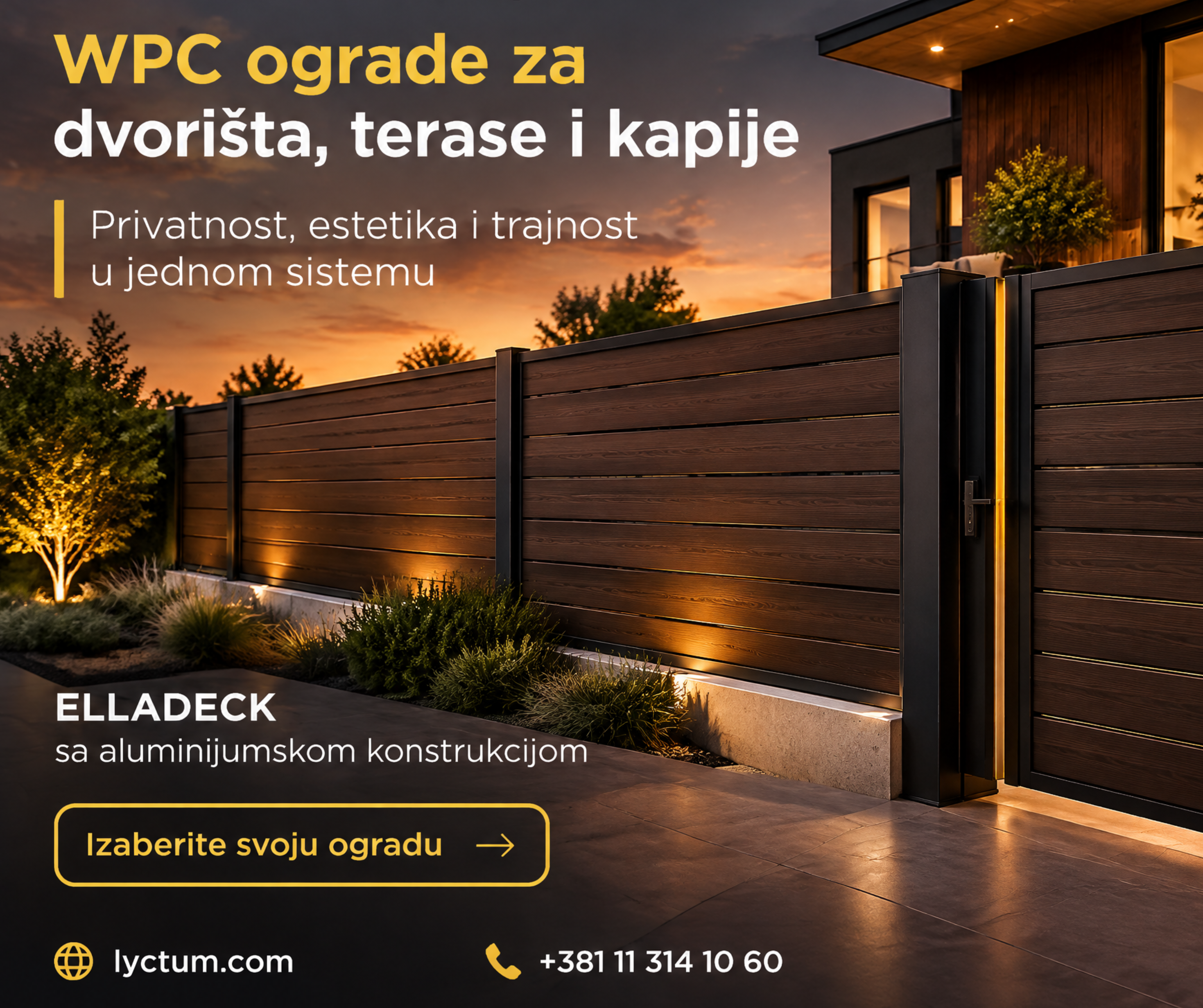 Elladeck WPC ograda u boji drveta sa aluminijumskom konstrukcijom i osvetljenjem oko dvorišta