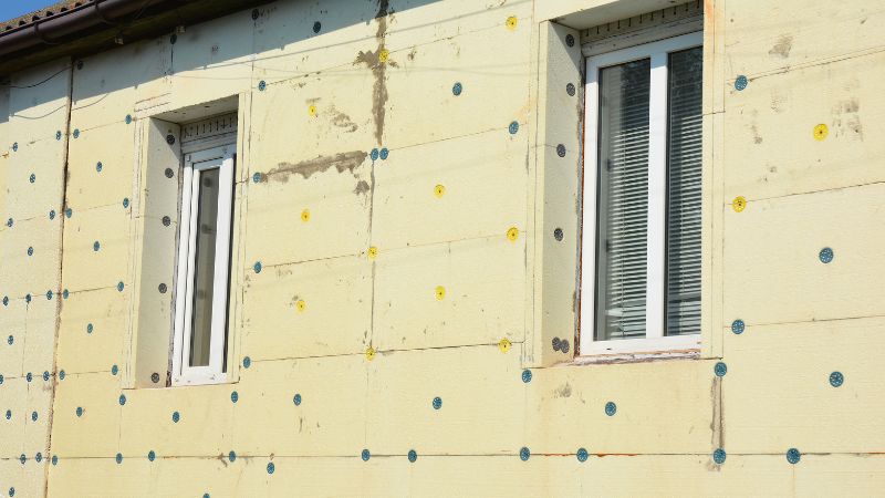 Fasada kućnog zida obložena žutim izolacionim ploča sa raspoređenim tiplovima oko otvora za prozore.