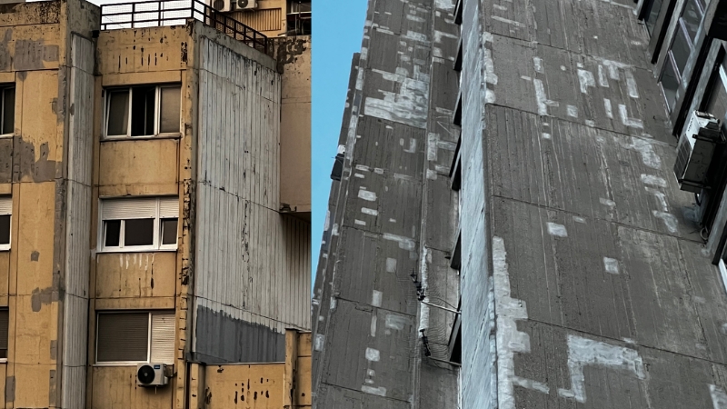 Prikaz dvije betonske fasade stambenih zgrada na Novom Beogradu sa vidljivim tragovima starenja i površinskim oštećenjima.